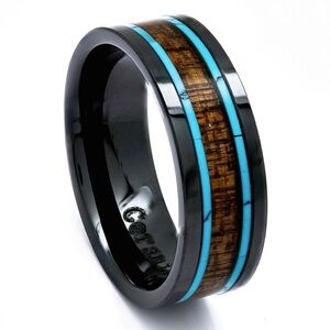 Black Ceramic Wood Ring With Turquoise Inlay, 8mm Comfort Fit Wedding Band.